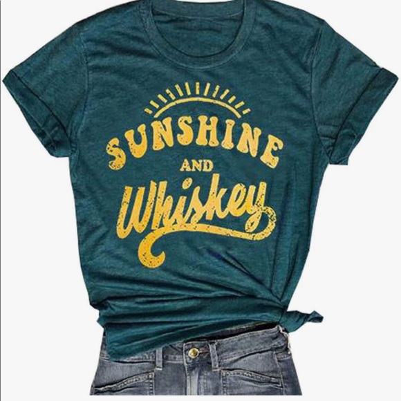 ☀️ SUNSHINE & WHISKEY Green T Shirt & Yellow - Picture 4 of 7